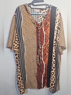 Touche Mixed Animal Print Tunic Top 2X Boho V-Neck Tie Neck Blouse